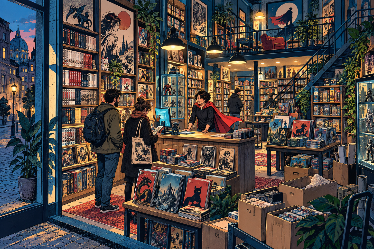 Illustrazione di una fumetteria accogliente: il negoziante con un mantello rosso consiglia i lettori tra scaffali di fumetti
